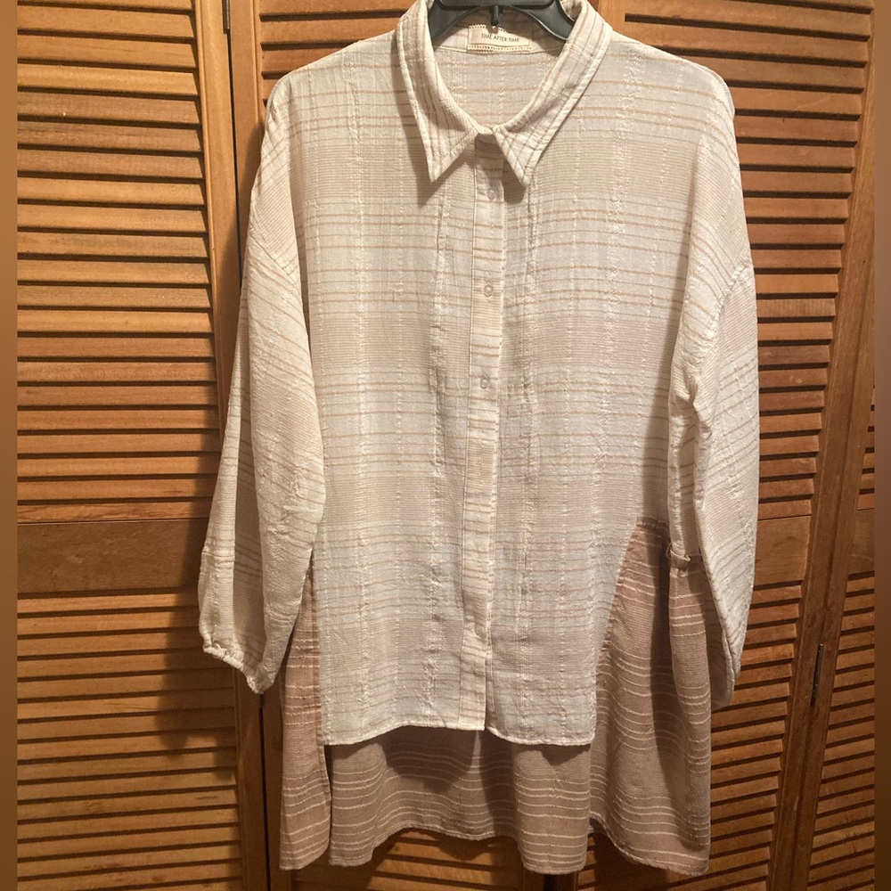 Time After Time Tan & Cream Cotton Gauze Button Up Hi-Low Tunic